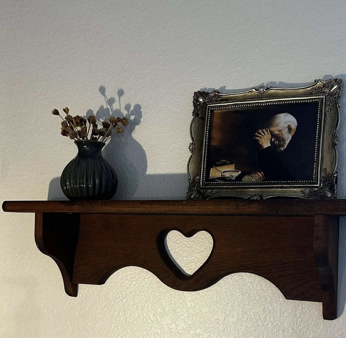 Carved Walnut Heart Shelf with Framed Portrait