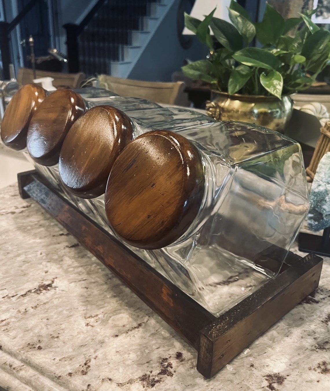 Hand-Blown Glass Canister Trio on Walnut Tray