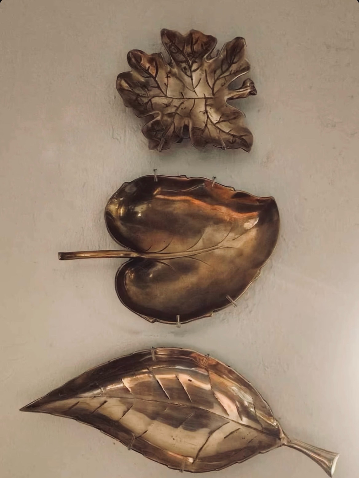 Patinated Brass Leaf Wall Trays — Set of Three