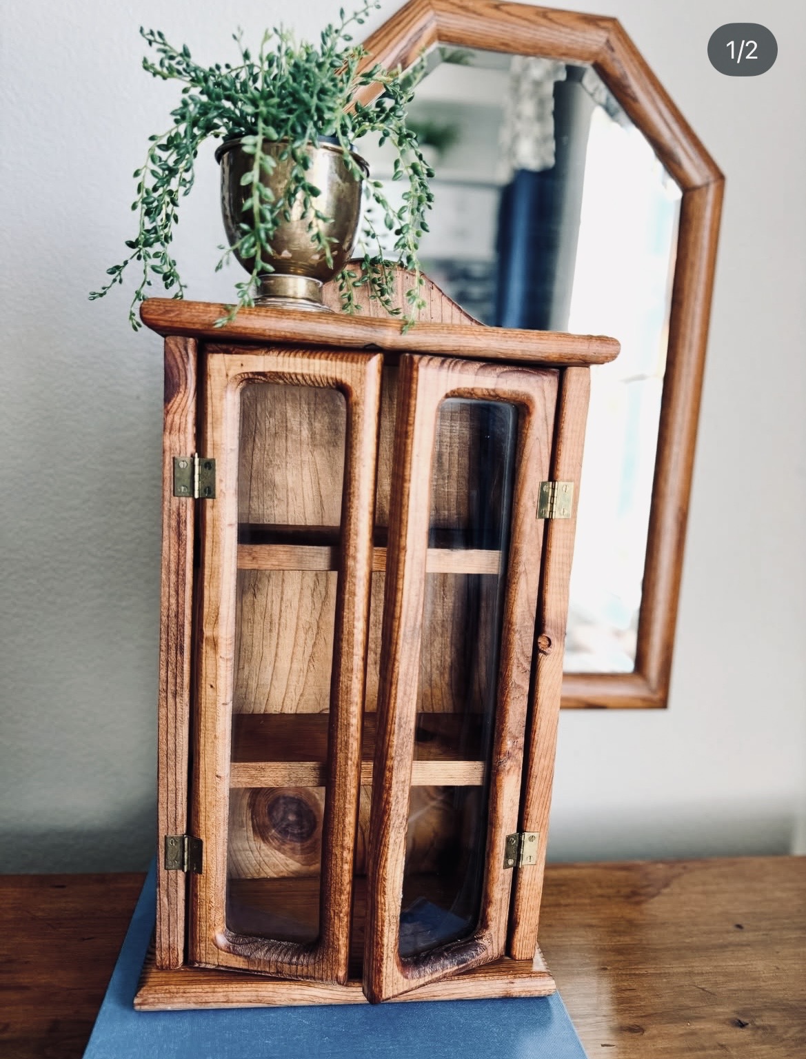Oak & Glass Curio Cabinet with Brass Hinges